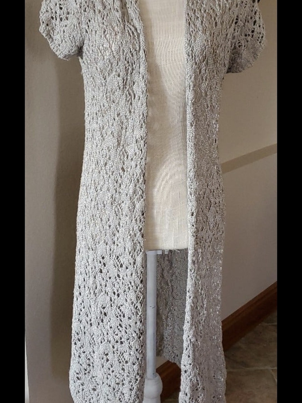 Coldwater Creek Light Gray Openwork Long Cardigan Duster